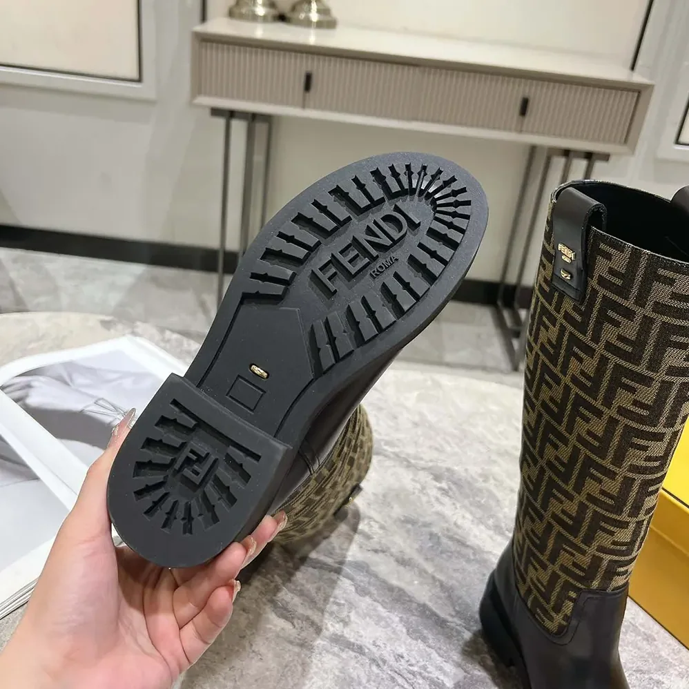 Fendi Filo Black Leather and Brown FF Fabric Boots for Women Fendi Filo Black Leather and Brown FF Fabric Boots for Women