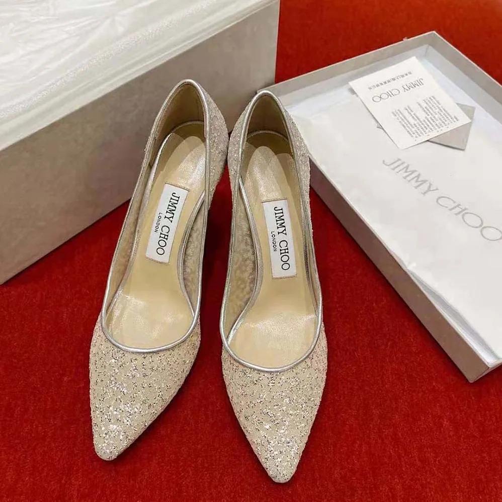 Jimmy Choo Romy 85 Silver Glitter Tulle and Metallic Nappa Pointy for Women in Toe Pumps