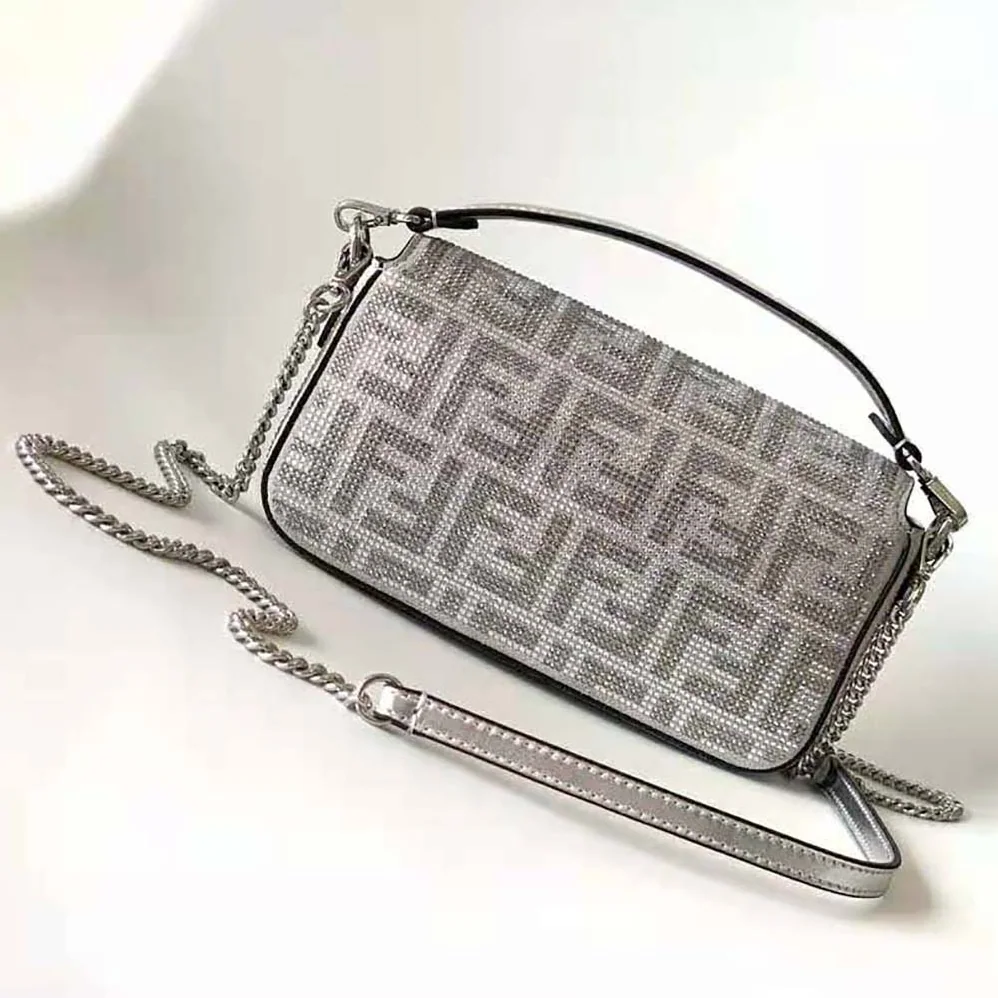 Fendi Baguette Mini Silver Leather Bag with Crystal FF Motif for Women Fendi Baguette Mini Silver Leather Bag with Crystal FF Motif for Women