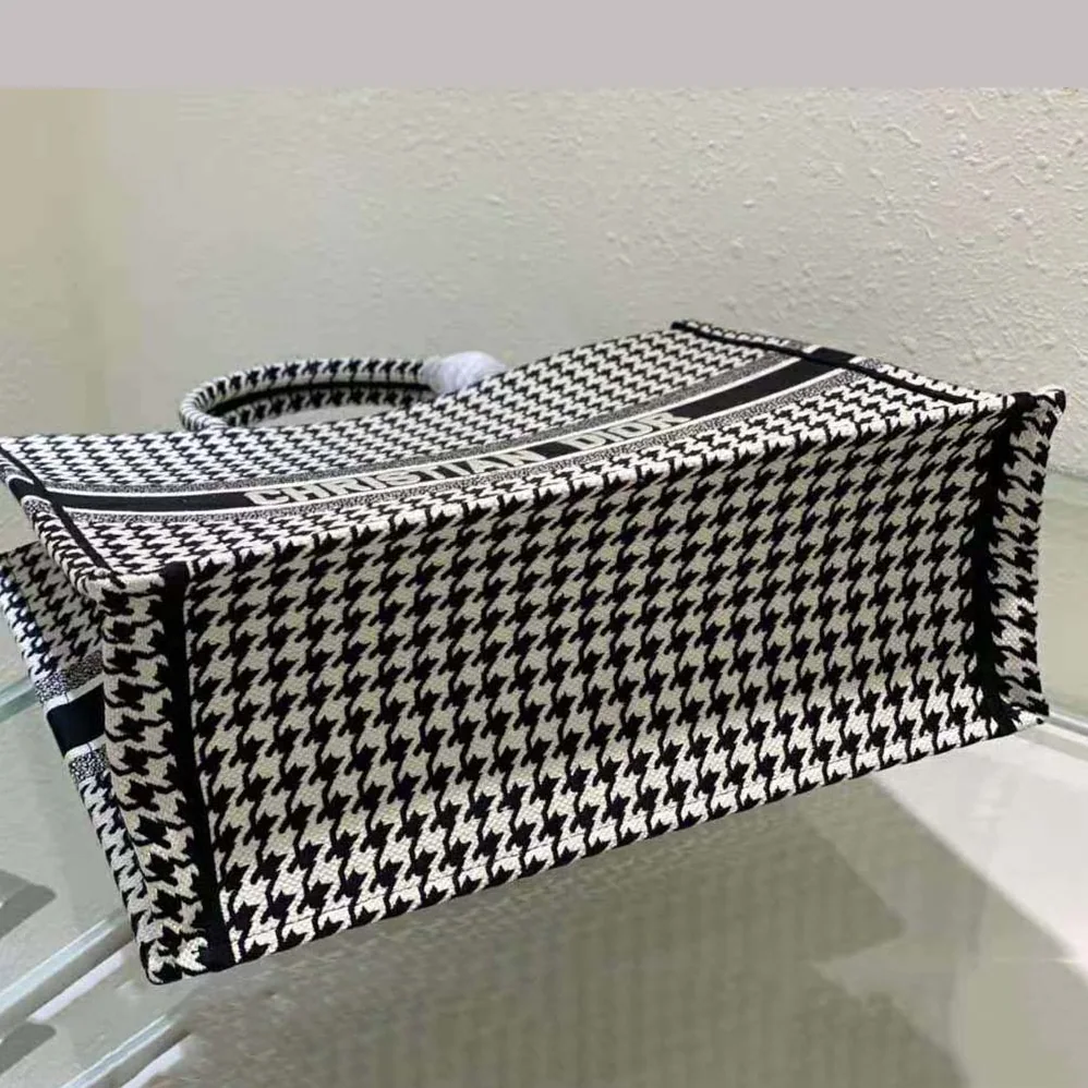 Dior Book Tote Black and White Houndstooth Embroidery for Women