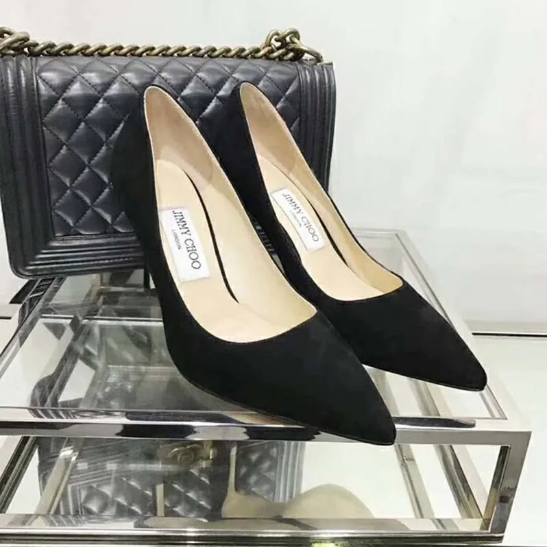 Jimmy Choo Shoes Romy 85 Opal Suede Pointy Toe Pumps for Women in Black
