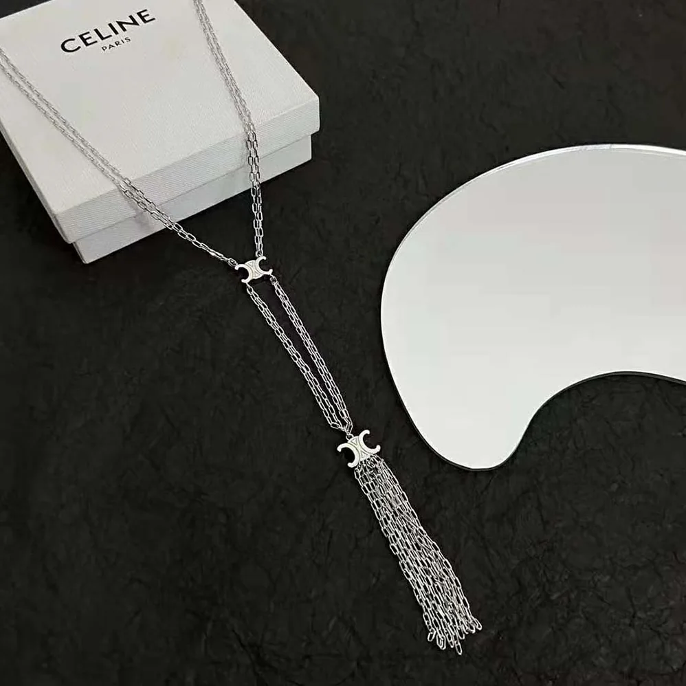 Celine Triomphe Folk Tie Long Necklace in Brass with Rhodium Finish for Women Celine Triomphe Folk Tie Long Necklace in Brass with Rhodium Finish for Women