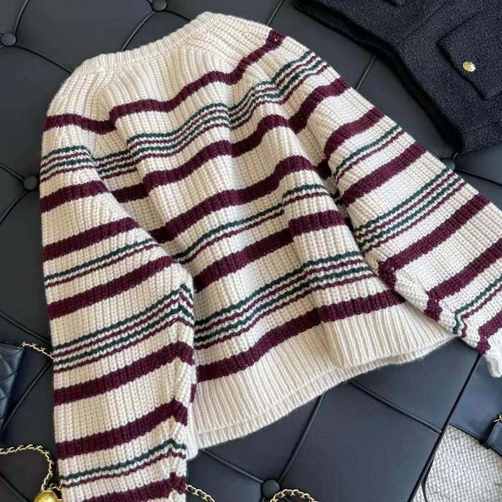 Celine Crew Neck Sweater in Striped Ribbed Wool for Women