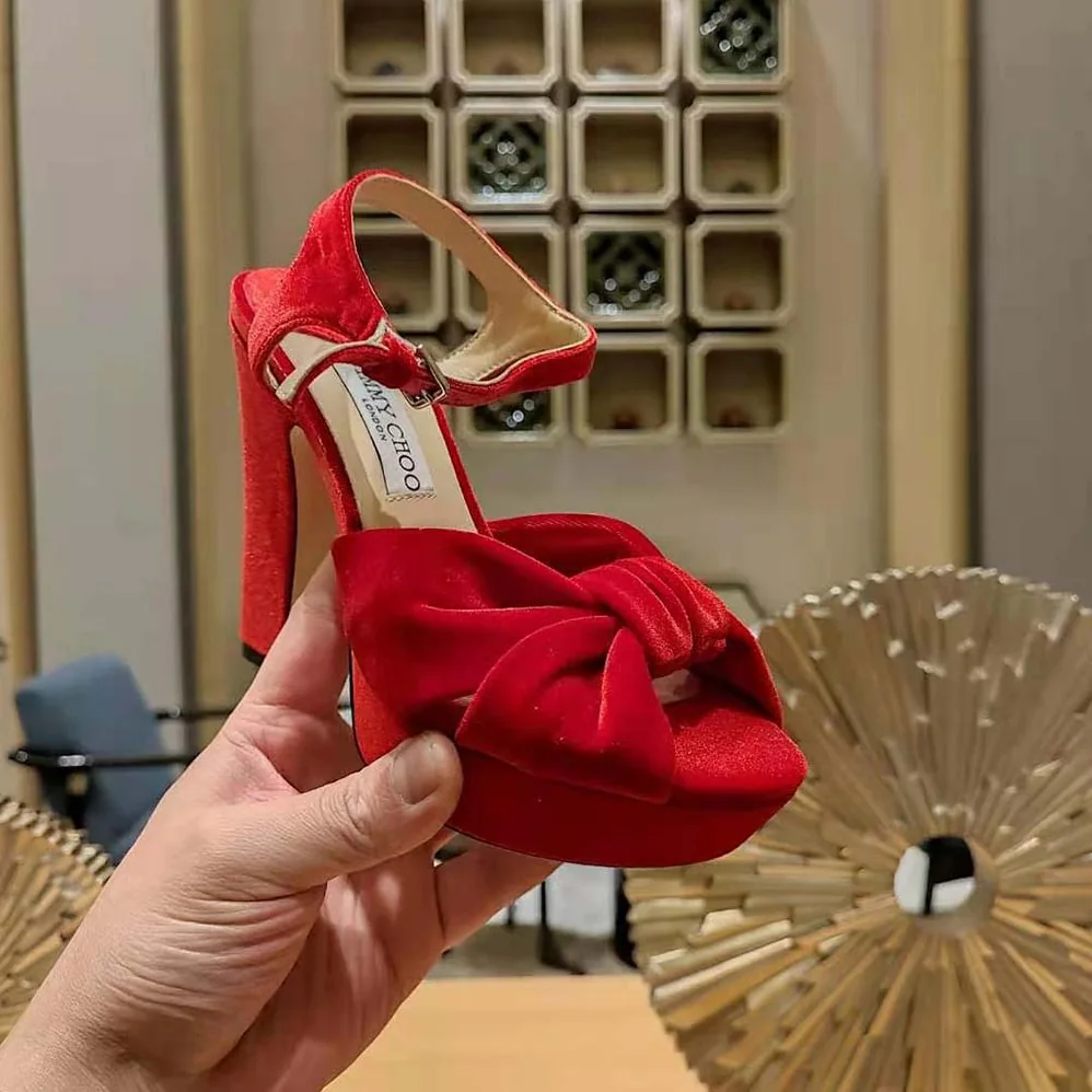 Jimmy Choo Heloise 120 Red Velvet Platform Sandals for Women