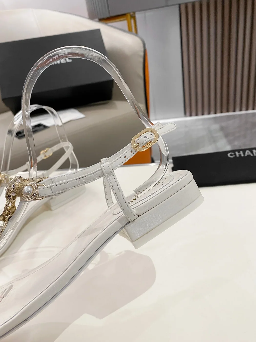 Chanel Crystal Low Heels Flip Flops White