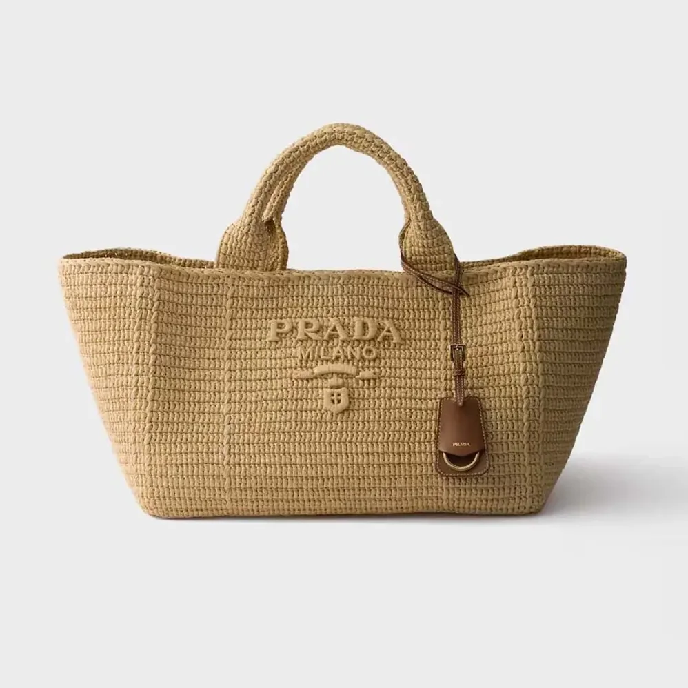 Prada Large Crochet Tote Bag with Leather Details for Women in Natural Prada Large Crochet Tote Bag with Leather Details for Women in Natural