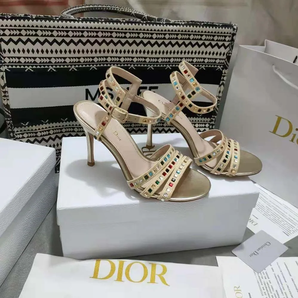 Dior Gem Heeled Sandal Gold for Women in Tone Cotton Embroidered Dior Gem Heeled Sandal Gold for Women in Tone Cotton Embroidered