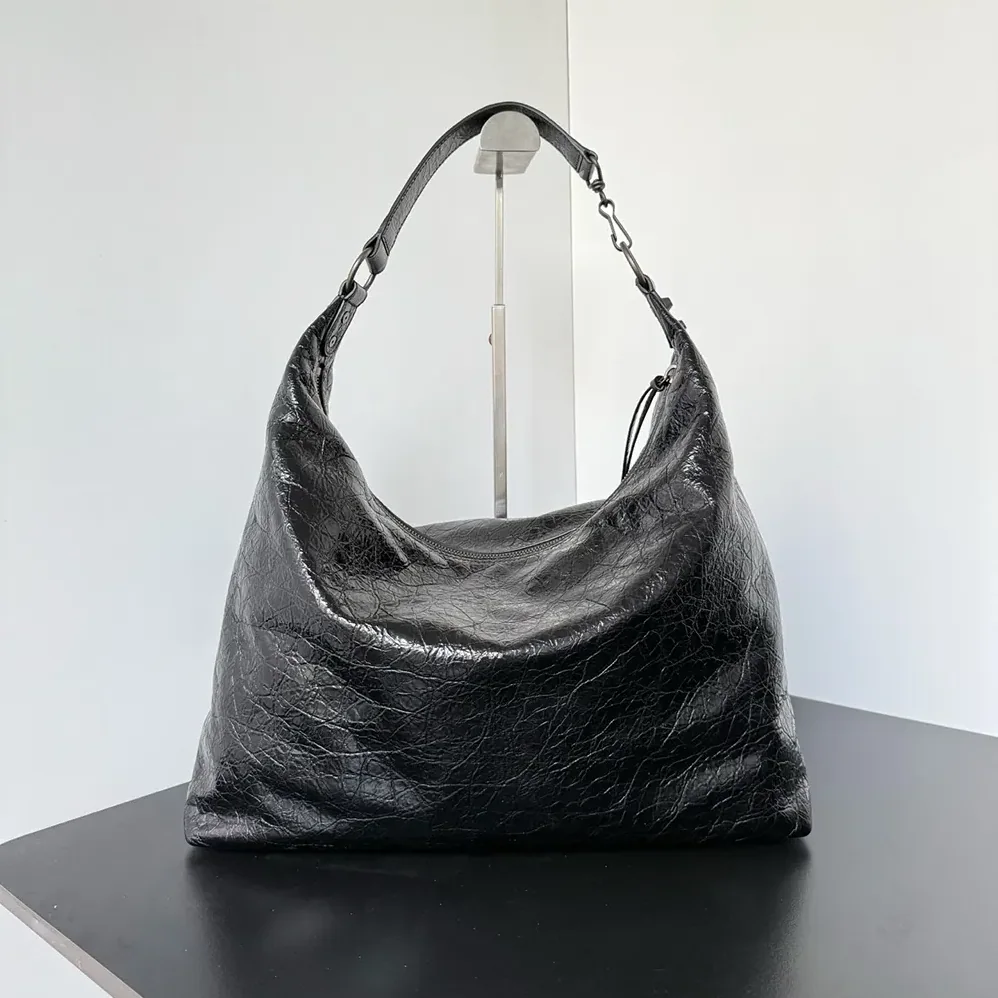 Balenciaga Le City Hobo Bag Medium in Black Arena Lambskin Brass Hardware for Women