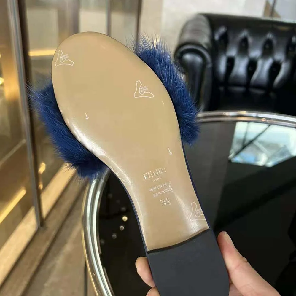 Fendi Baguette Blue Mink Slides for Women Fendi Baguette Blue Mink Slides for Women
