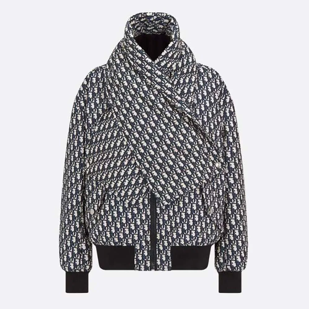 Dior Bomber Jacket with Criss Cross Collar Blue and Ecru Technical Taffeta Jacquard for Women Dior Bomber Jacket with Criss Cross Collar Blue and Ecru Technical Taffeta Jacquard for Women