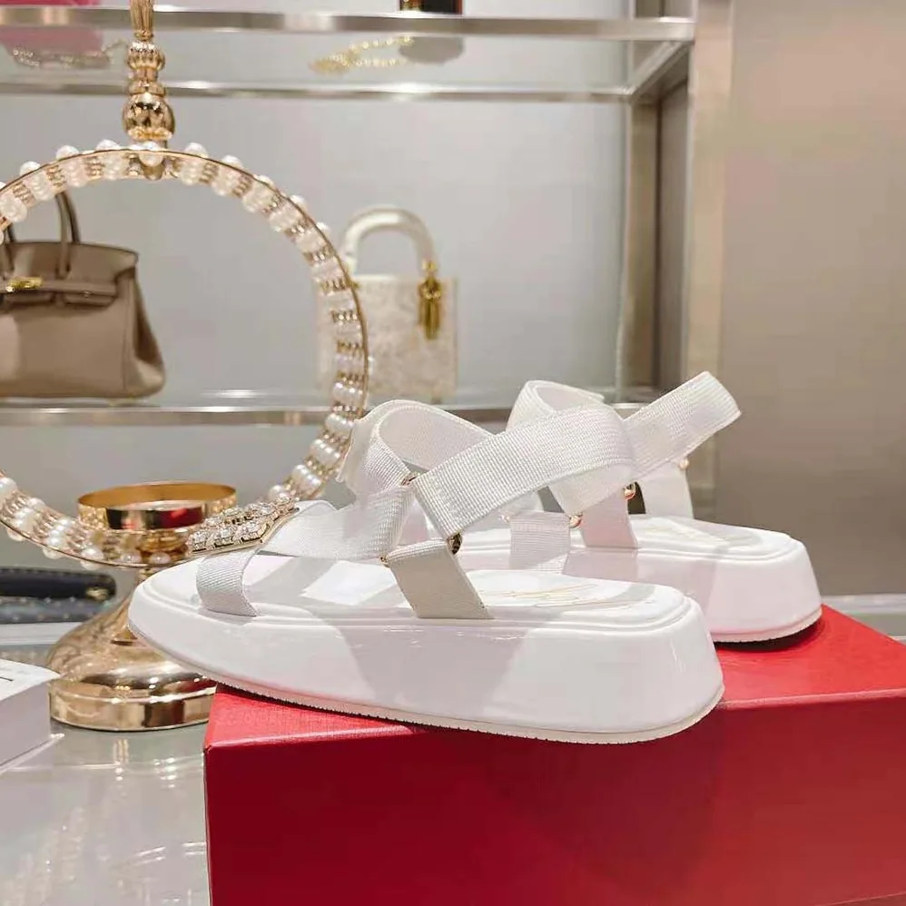 Roger Vivier Vivier Slide Trekky Strass Buckle Sandals in Fabrics for Women in White