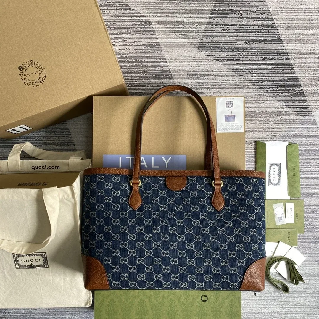 Gucci Ophidia GG Medium Tote Dark Blue And Ivory Eco Washed Organic GG Jacquard Denim / Gucci Ophidia GG Medium Tote Dark Blue And Ivory Eco Washed Organic GG Jacquard Denim /