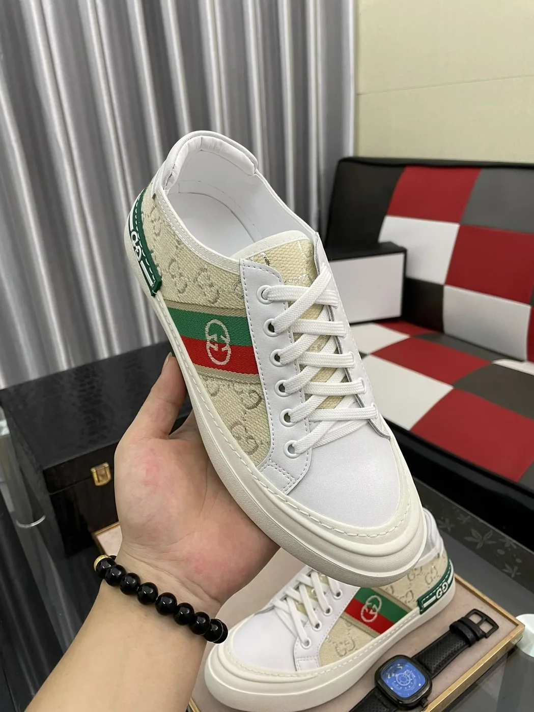 Gucci GG Embroidery Sneaker With Web White And Beige for Men