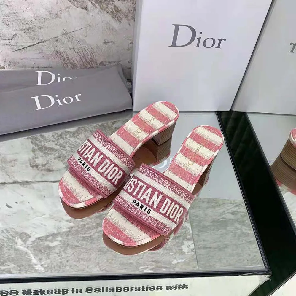 Dior Dway Heeled Slide Dark Nude D for Women in Stripes Embroidered Cotton
