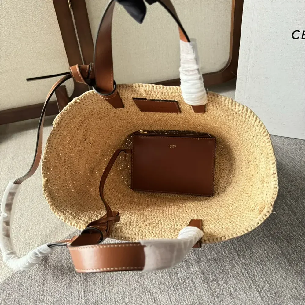 Celine Teen Supple Celine Classic Panier in Raffia and Calfskin for Women in Tan Celine Teen Supple Celine Classic Panier in Raffia and Calfskin for Women in Tan