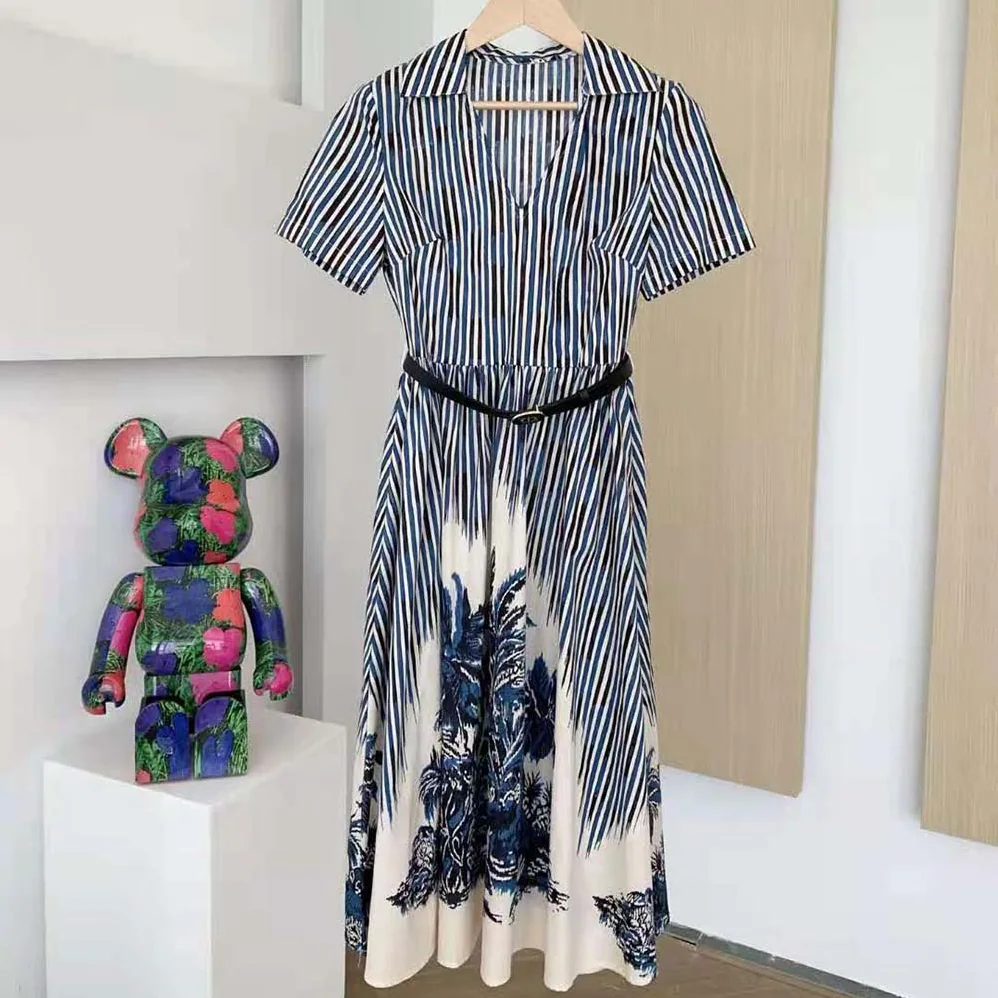 Dior Long Dress Blue and White Silk Canvas with Dior Palms Motif for Women Dior Long Dress Blue and White Silk Canvas with Dior Palms Motif for Women