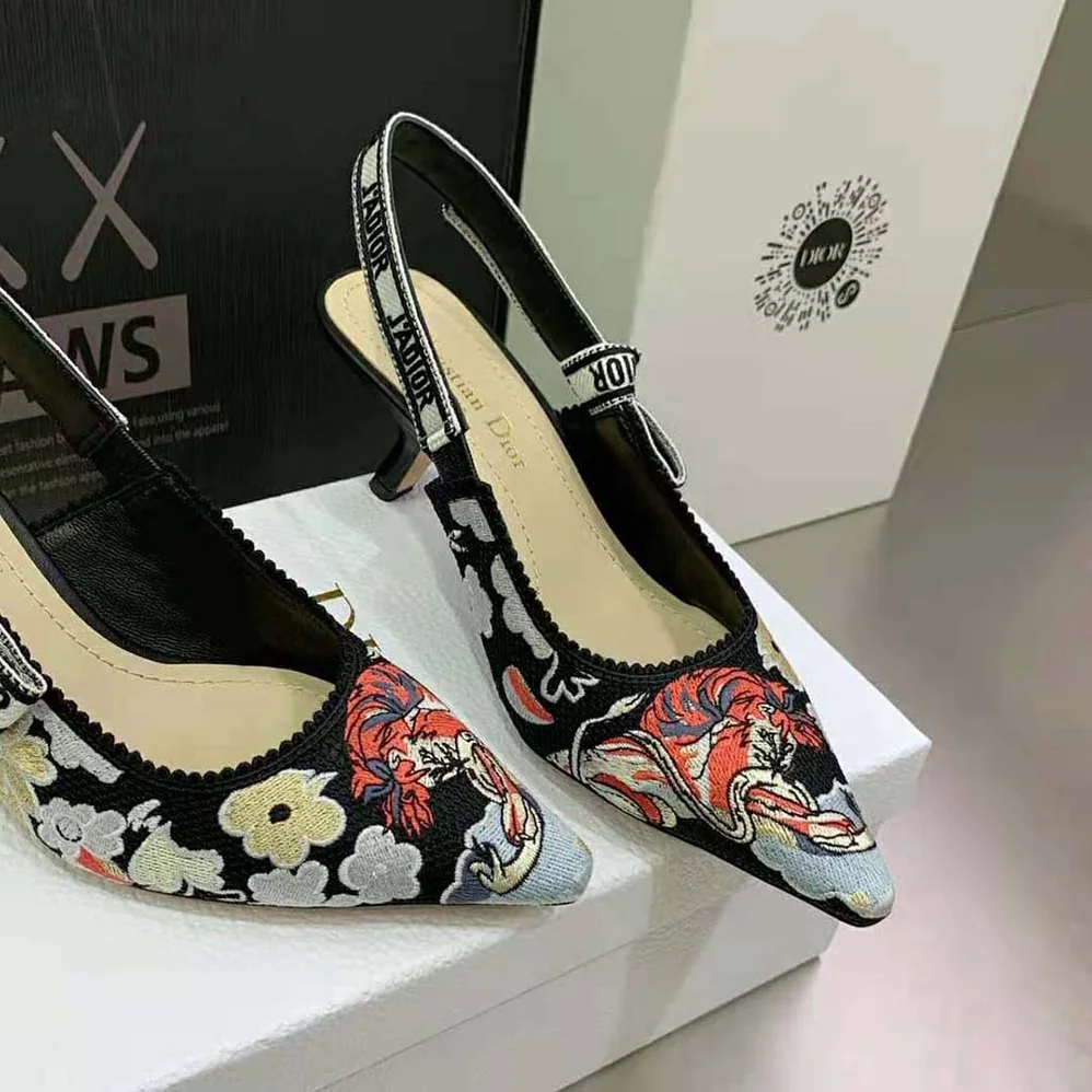 Dior J'adior Slingback Pump Black Multicolor Embroidered Cotton with Toile de Jouy Pop Motif for Women