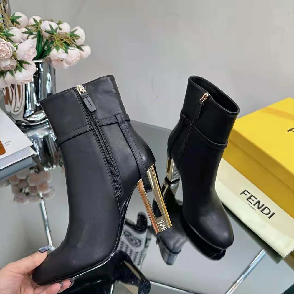 Fendi Delfina Black Leather High for Women in heeled Ankle Boots Fendi Delfina Black Leather High for Women in heeled Ankle Boots