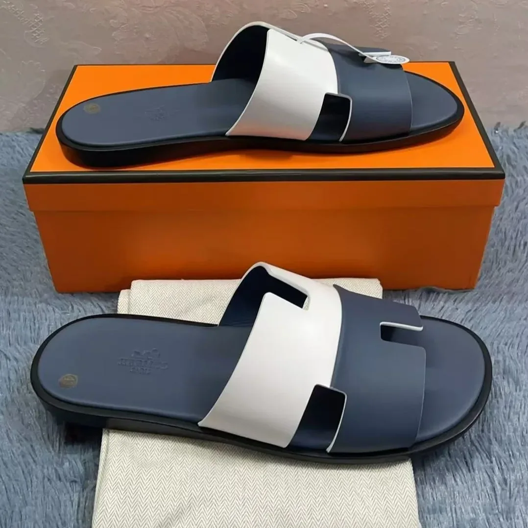 Hermes Izmir Sandals Navy Blue in White Hermes Izmir Sandals Navy Blue in White