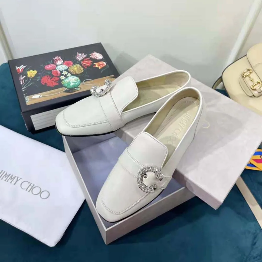 Jimmy Choo Mani Flat Latte Nappa Leather Loafers with Crystal Buckle for Women Jimmy Choo Mani Flat Latte Nappa Leather Loafers with Crystal Buckle for Women