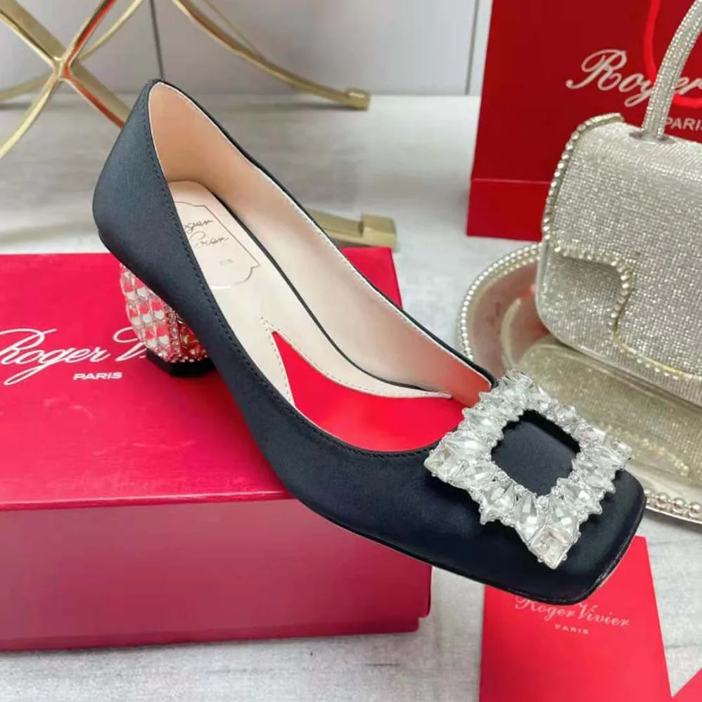 Roger Vivier Jewel Heel Rhinestone Buckle Pumps in Satin for Women Roger Vivier Jewel Heel Rhinestone Buckle Pumps in Satin for Women