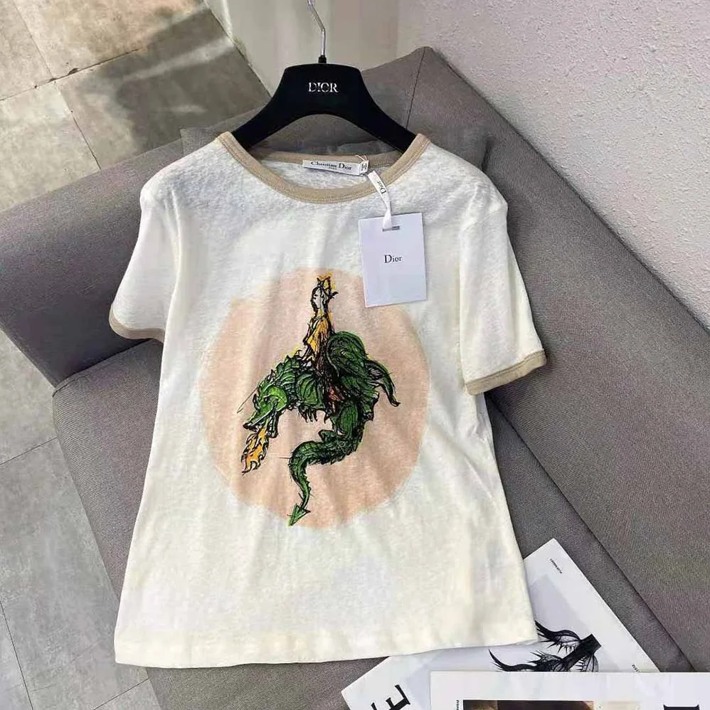 Dior T-Shirt Ecru Princess and Dragon Cotton Jersey and Linen for Women Dior T-Shirt Ecru Princess and Dragon Cotton Jersey and Linen for Women
