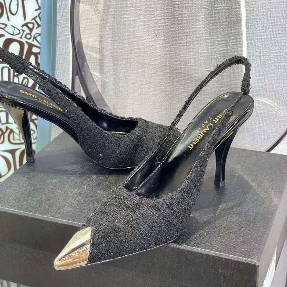 Saint Laurent YSL Vesper Slingback Pumps in Boucle Tweed for Women in Black Saint Laurent YSL Vesper Slingback Pumps in Boucle Tweed for Women in Black