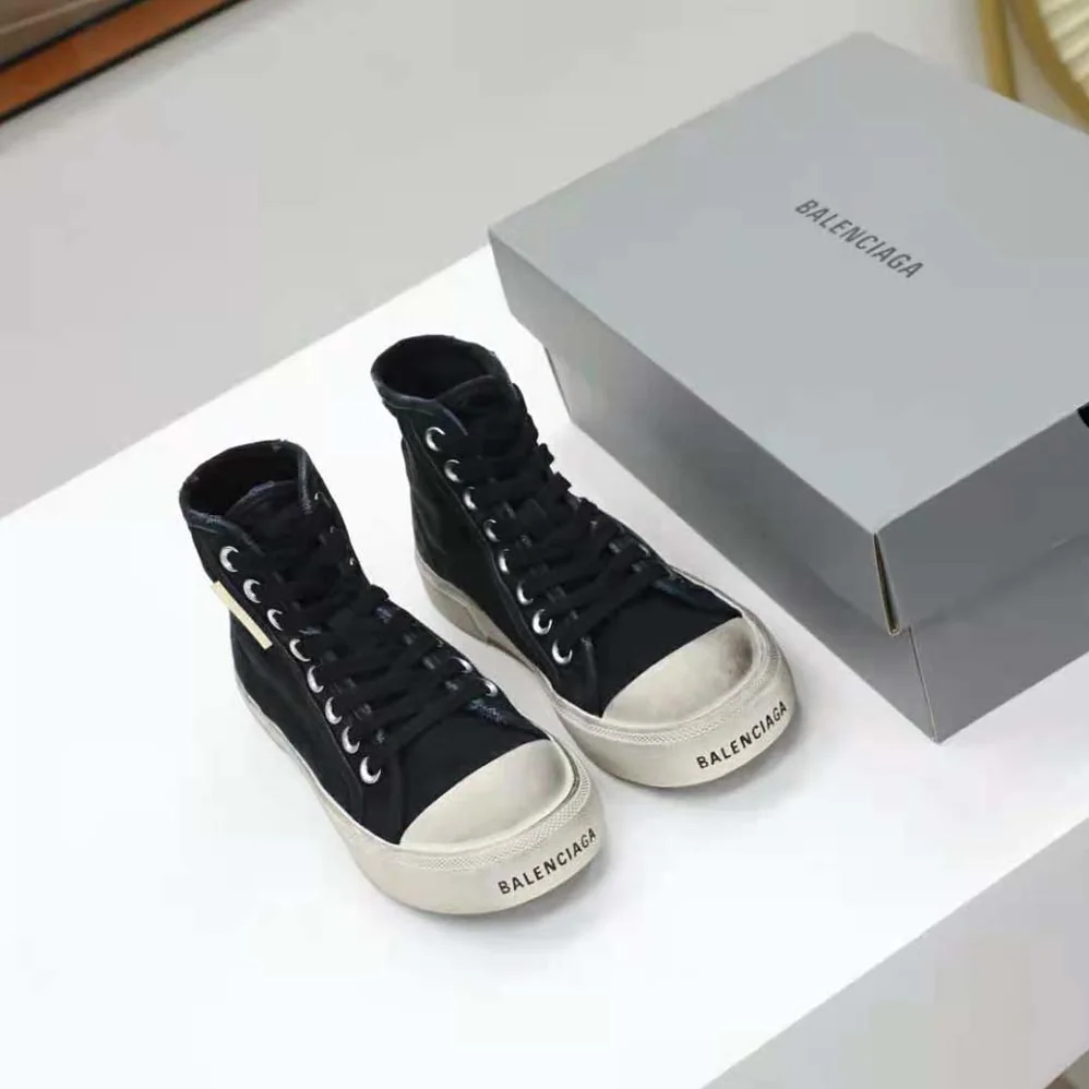 Balenciaga Paris High Top Sneaker in Black Destroyed Cotton and White Rubber for Unisex