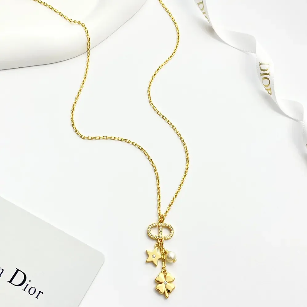 Dior Petit CD Lucky Charms Necklace Gold-Finish Metal with a White Resin Pearl and Silver for Women in Tone Crystals Dior Petit CD Lucky Charms Necklace Gold-Finish Metal with a White Resin Pearl and Silver for Women in Tone Crystals