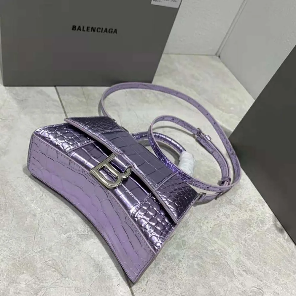 Balenciaga Hourglass XS Handbag Metallized Crocodile Embossed in Purple for Women Balenciaga Hourglass XS Handbag Metallized Crocodile Embossed in Purple for Women