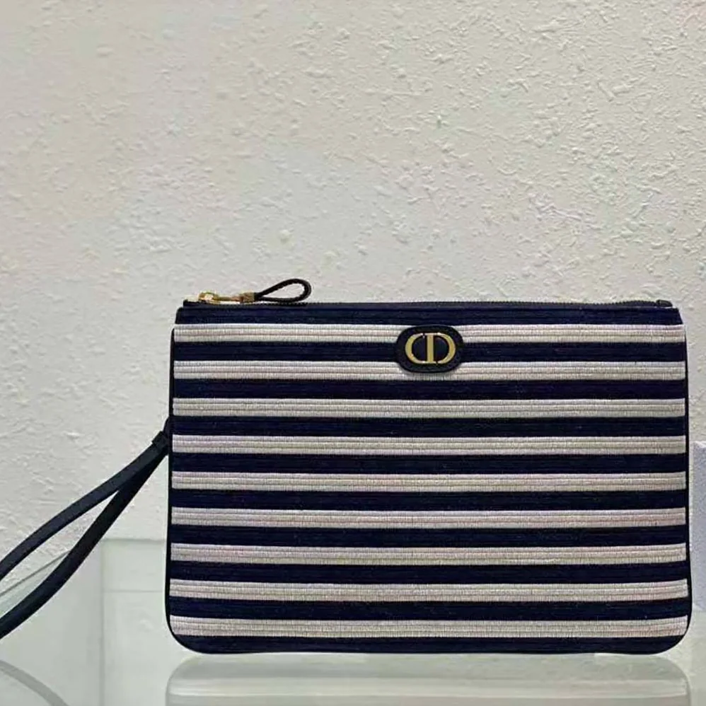 Dior Large Dior Caro Ddaily Pouch Natural and Denim Blue Marinière Raffia for Women