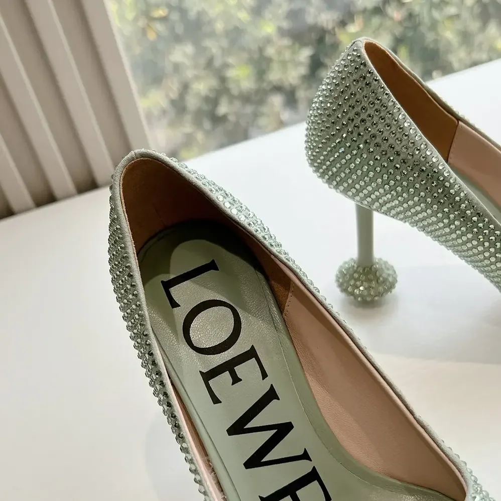 Loewe Toy Pump in Suede and Allover Rhinestones for Women in Lime Loewe Toy Pump in Suede and Allover Rhinestones for Women in Lime