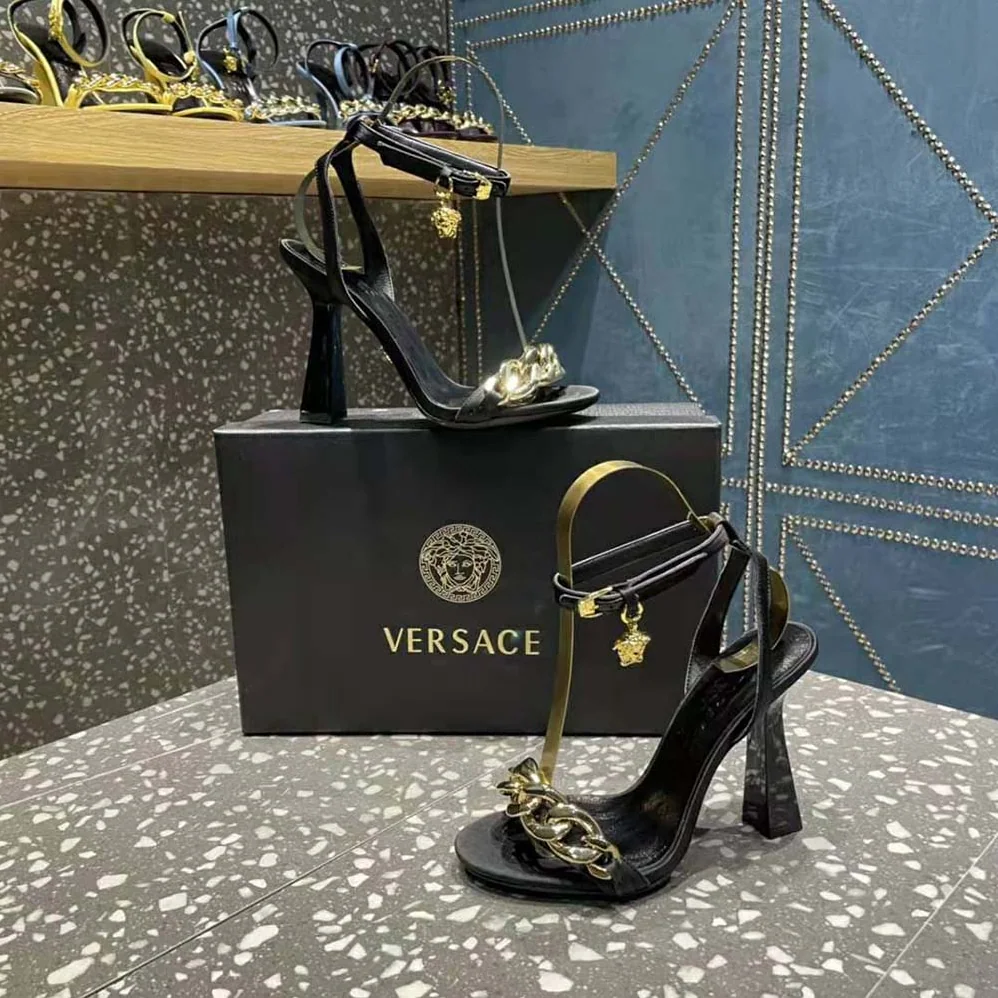 Versace Medusa Chain High Heel Sandals for Women in Black Versace Medusa Chain High Heel Sandals for Women in Black