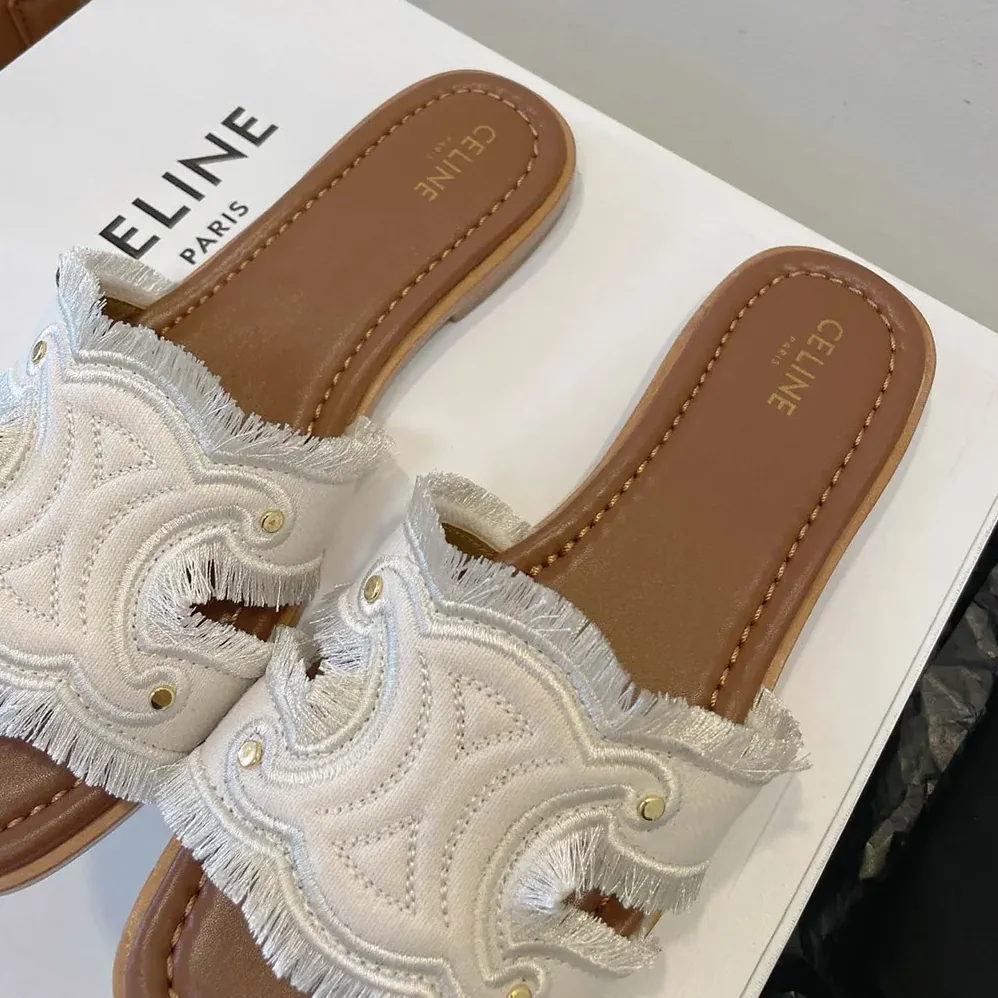 Celine Marina Mule in Fringed Canvas for Women in White