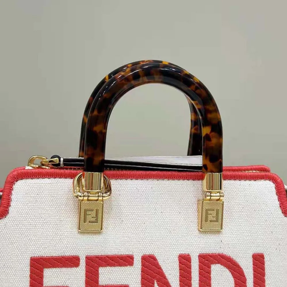 Fendi By The Way Mini Beige Canvas Small Boston Bag for Women Fendi By The Way Mini Beige Canvas Small Boston Bag for Women
