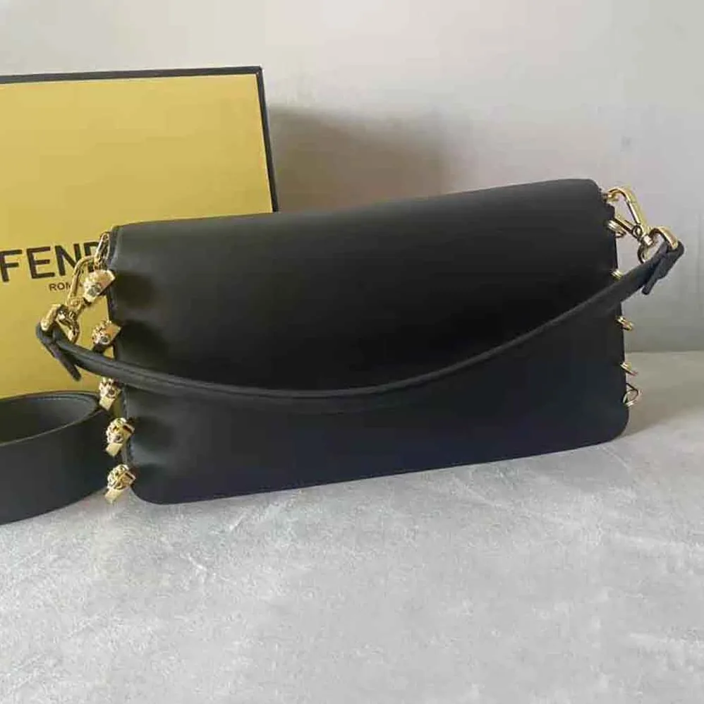 Fendi Baguette Brooch Fendace Black Leather Bag for Women