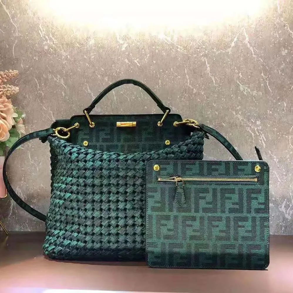 Fendi Peekaboo Iconic Medium Jacquard Fabric Interlace Bag for Women in Dark Green