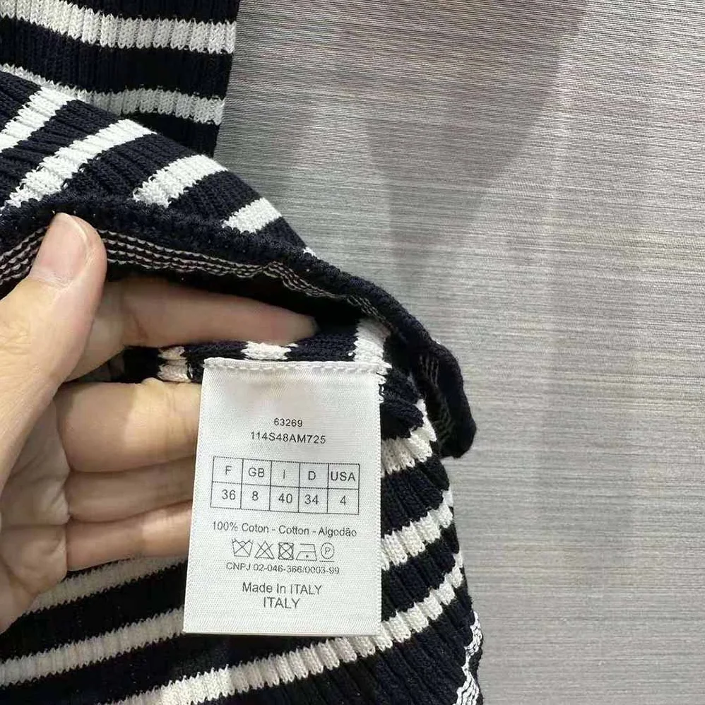 Dior Short-Sleeved Sweater Navy Blue and White Cotton Ribbed Knit with Signature for Women