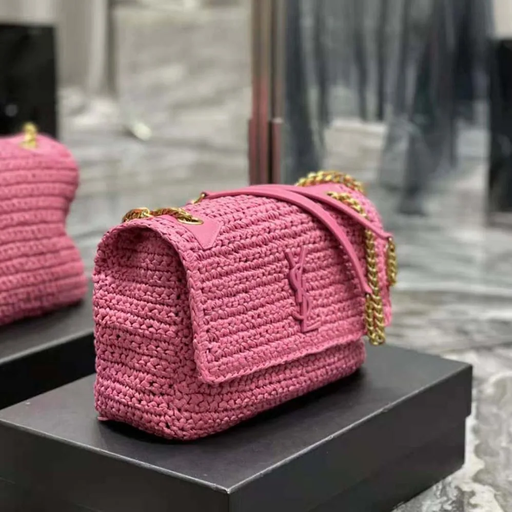 Saint Laurent YSL Niki Medium Chain Bag in Raffia and Leather for Women in Pink Saint Laurent YSL Niki Medium Chain Bag in Raffia and Leather for Women in Pink