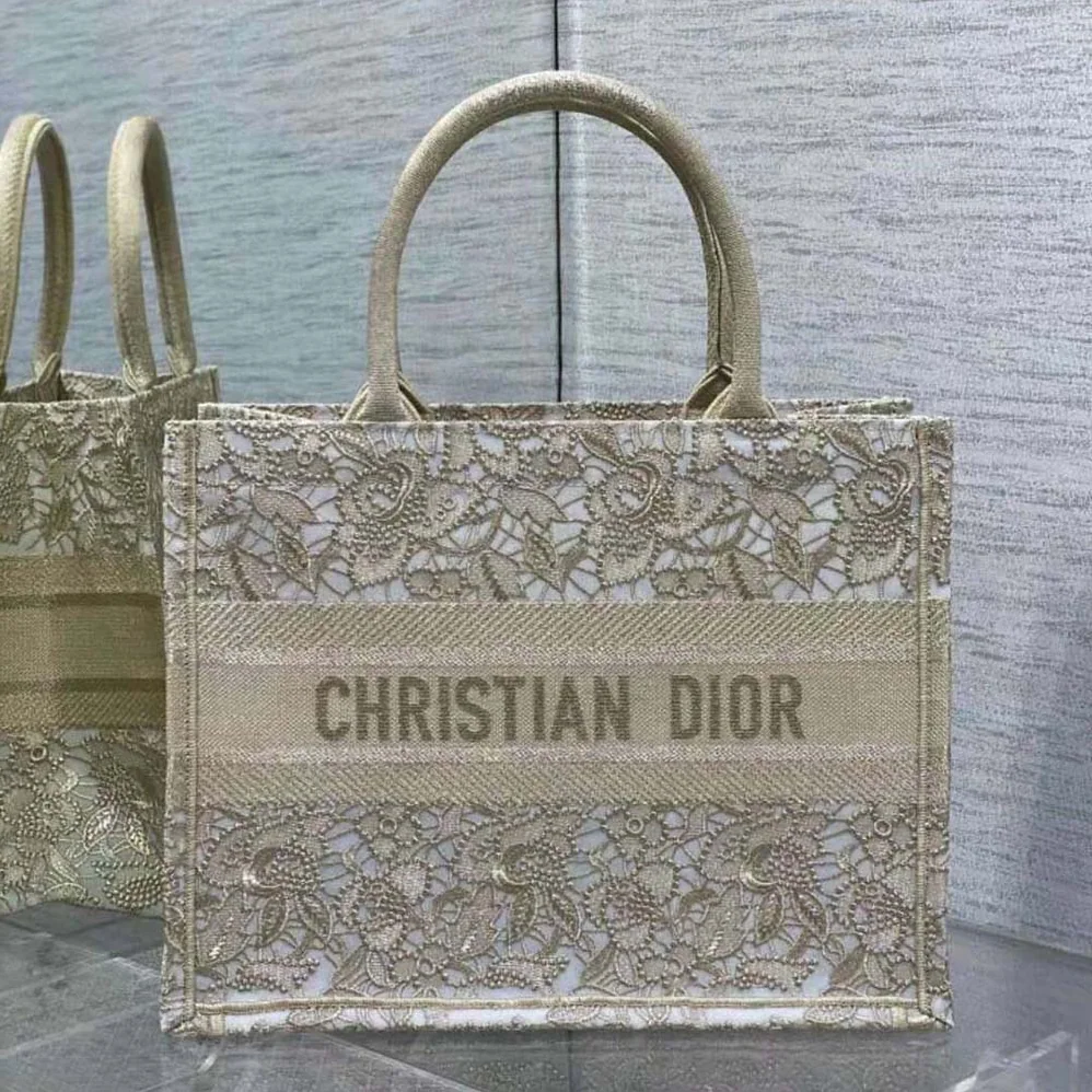 Dior Medium Dior or Dior Book Tote Gold-Tone D-Lace Embroidery with Macramé Effect for Women