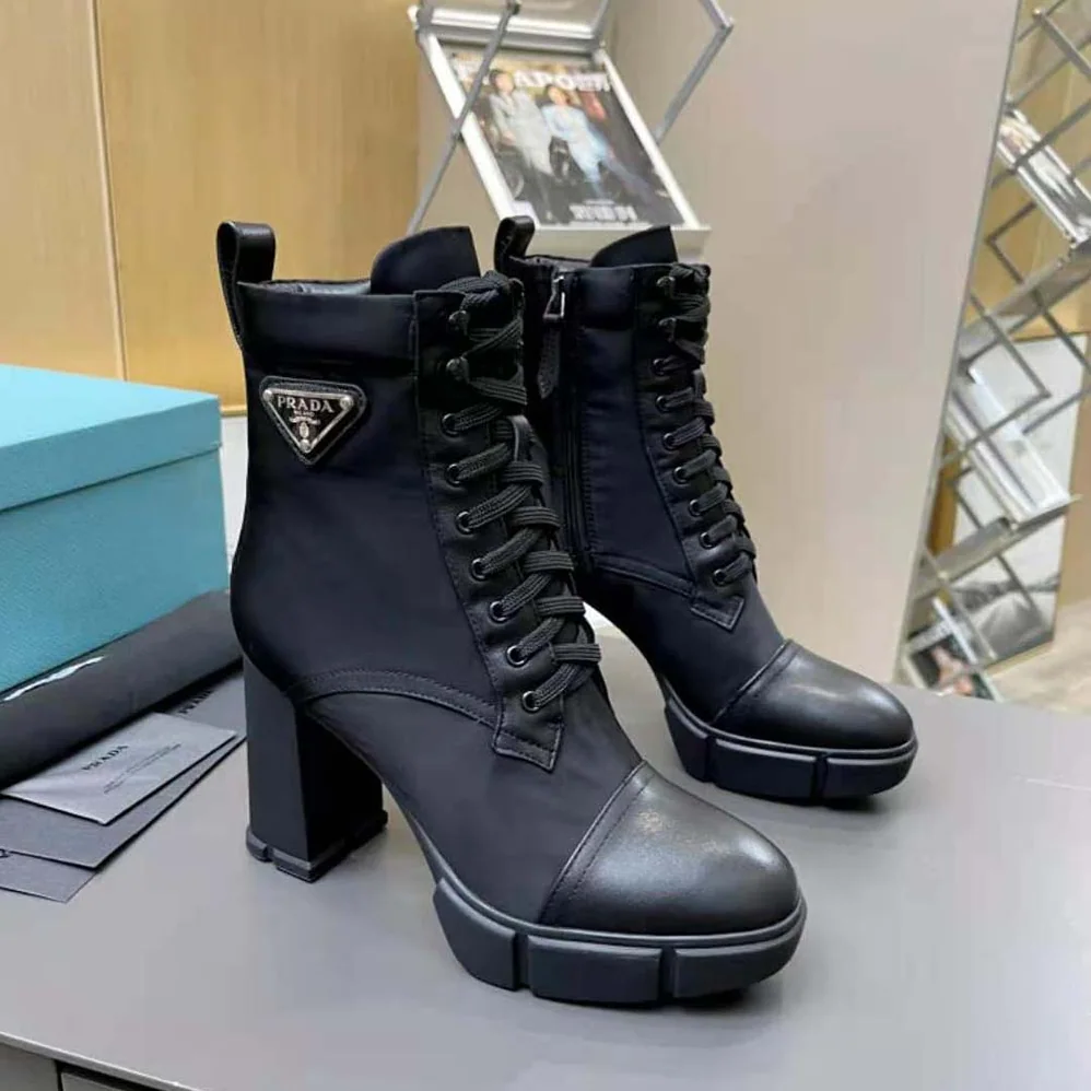 Prada Brushed Leather and Nylon Booties for Women in Black Prada Brushed Leather and Nylon Booties for Women in Black