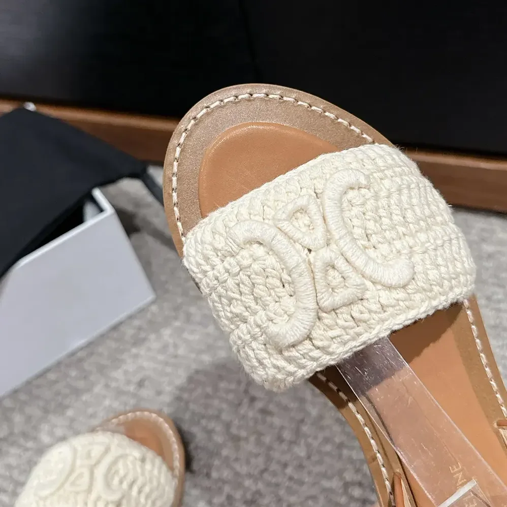 Celine Lympia Sandal in Triomphe Maccramé Cotton & Calfskin for Women in White Celine Lympia Sandal in Triomphe Maccramé Cotton & Calfskin for Women in White