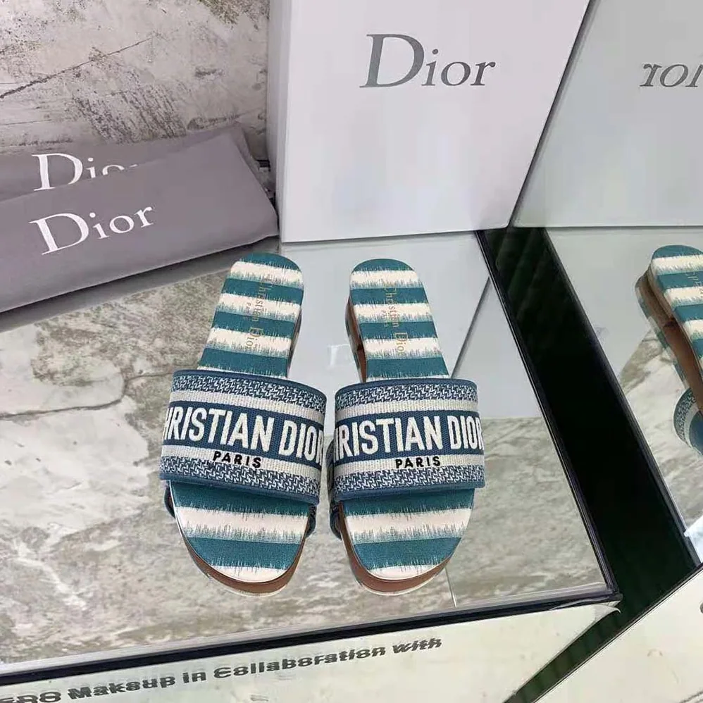 Dior Dway Slide Deep Ocean Blue D for Women in Stripes Embroidered Cotton