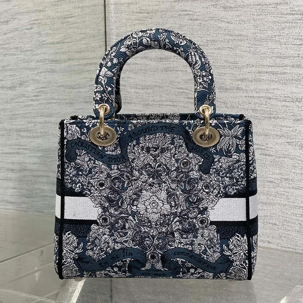 Dior Medium Lady D-Lite Bag Latte Embroidery with Blue Dior Around the World Motif for Women Dior Medium Lady D-Lite Bag Latte Embroidery with Blue Dior Around the World Motif for Women