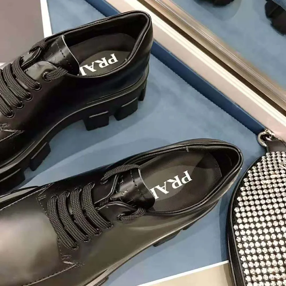 Prada Monolith Brushed Calf Leather Lace-Up Shoes for Women in Black