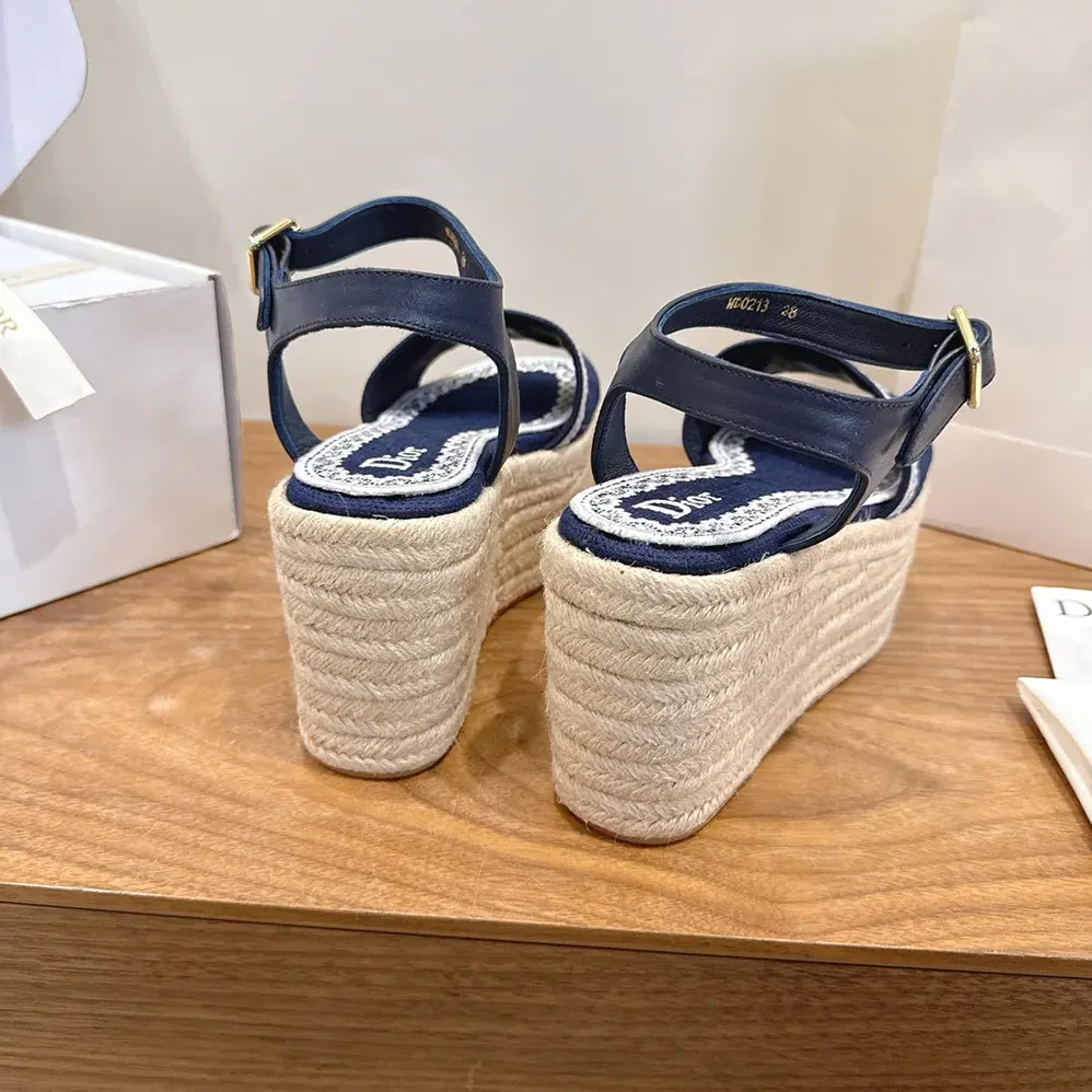 Dior Dentelle Wedge Sandal Navy Blue Dior Oblique Embroidered Cotton and White Lace for Women Dior Dentelle Wedge Sandal Navy Blue Dior Oblique Embroidered Cotton and White Lace for Women