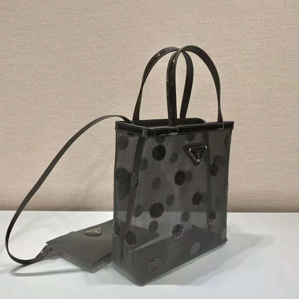Prada Small Polka-Dot Mesh Tote Bag for Women in Black Prada Small Polka-Dot Mesh Tote Bag for Women in Black