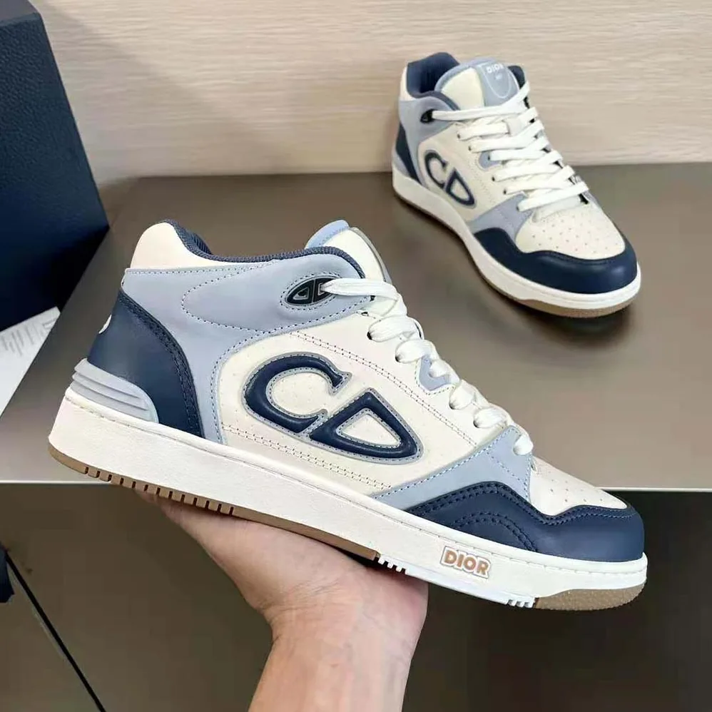 Dior B57 Mid-Top Sneaker Navy Blue and Cream Smooth Calfskin with Gray Suede for Men