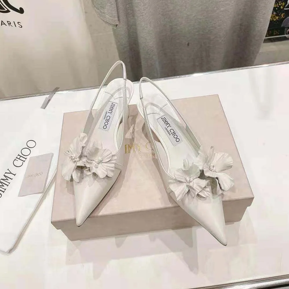 Jimmy Choo Amita Flowers 45 Latte Nappa Leather Sling Back Pumps with Flowers for Women