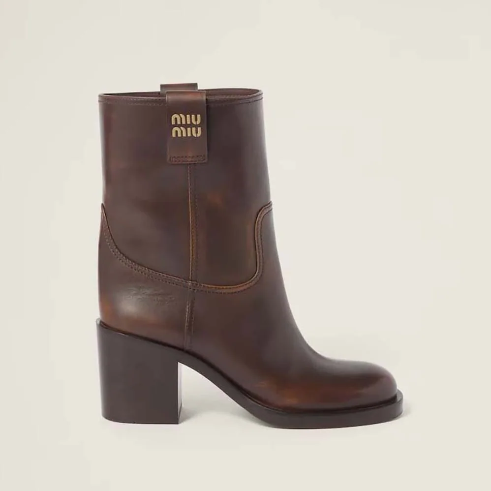 Miu Miu Leather Booties with Hot-stamped Logo for Women in Maroon